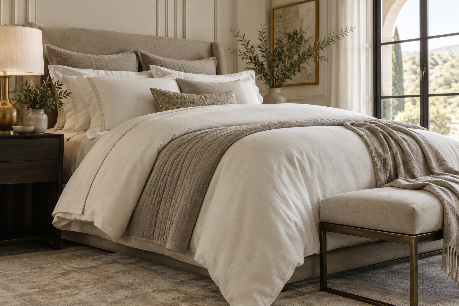 Ivory and burgundy botanical bed linen