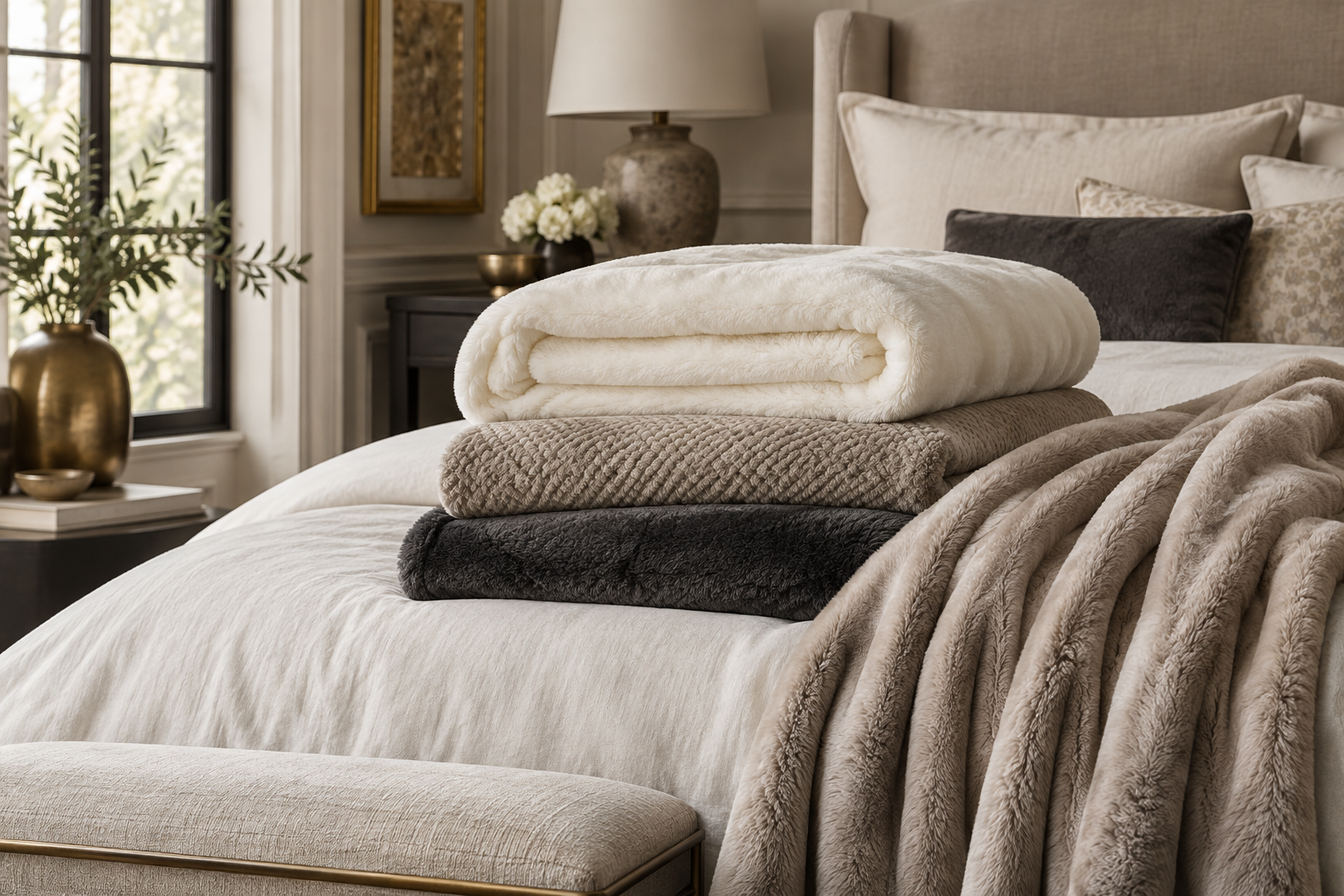 Plush burgundy and ivory blankets