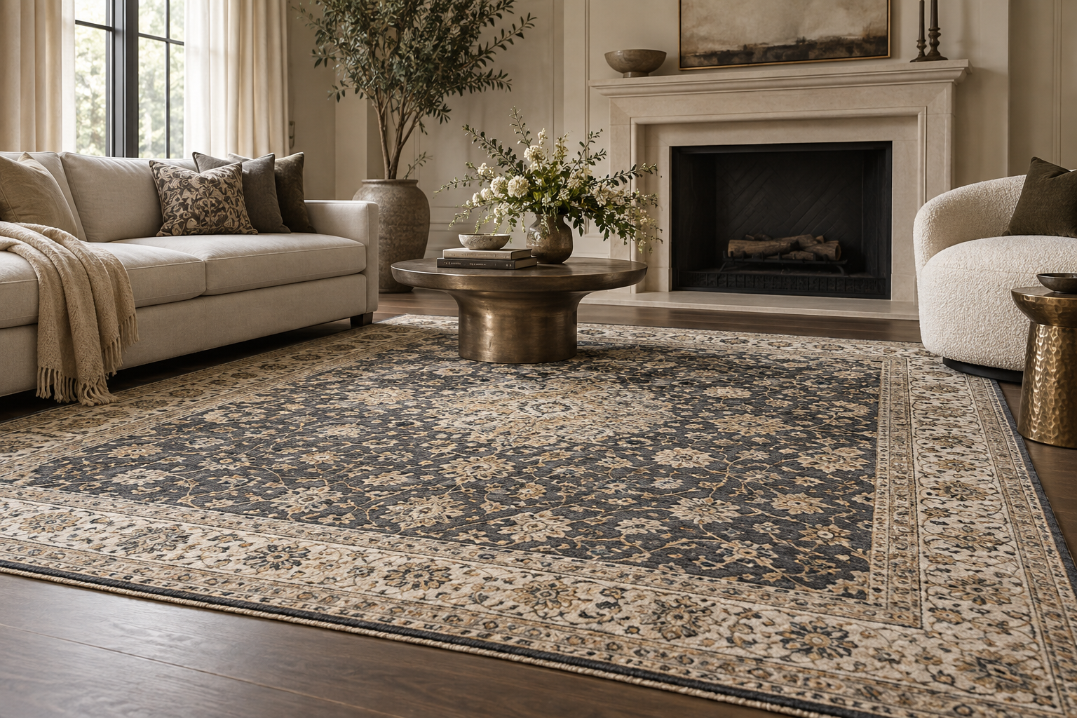 Red Persian carpet with intricate ivory details