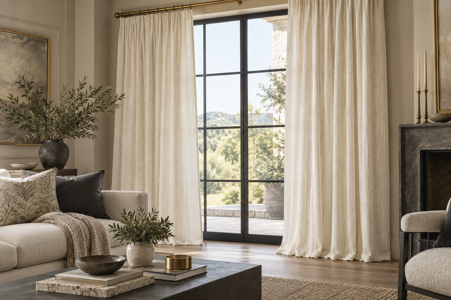 Burgundy velvet curtain, ivory cushions and dried flowers